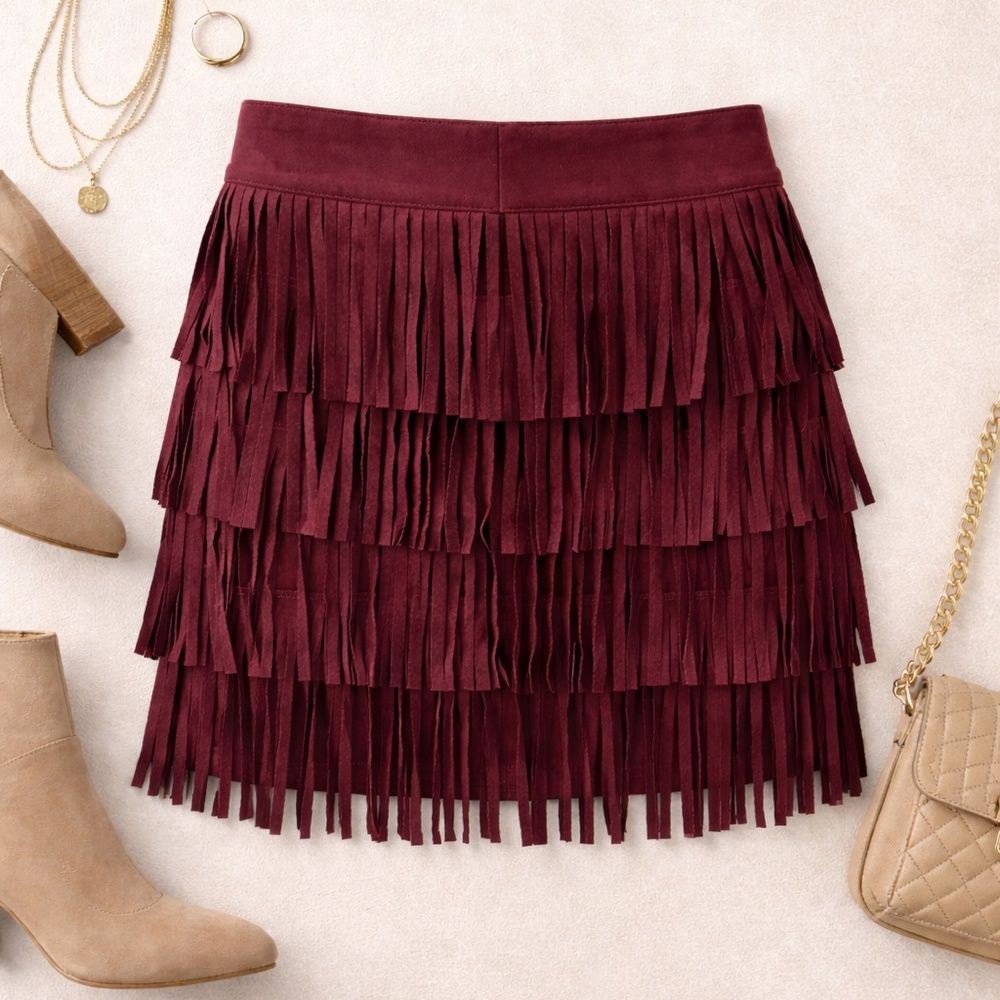 Burgundy Faux Suede Fringe Mini Skirt Tiered Tassel Western Boho Festival Size S